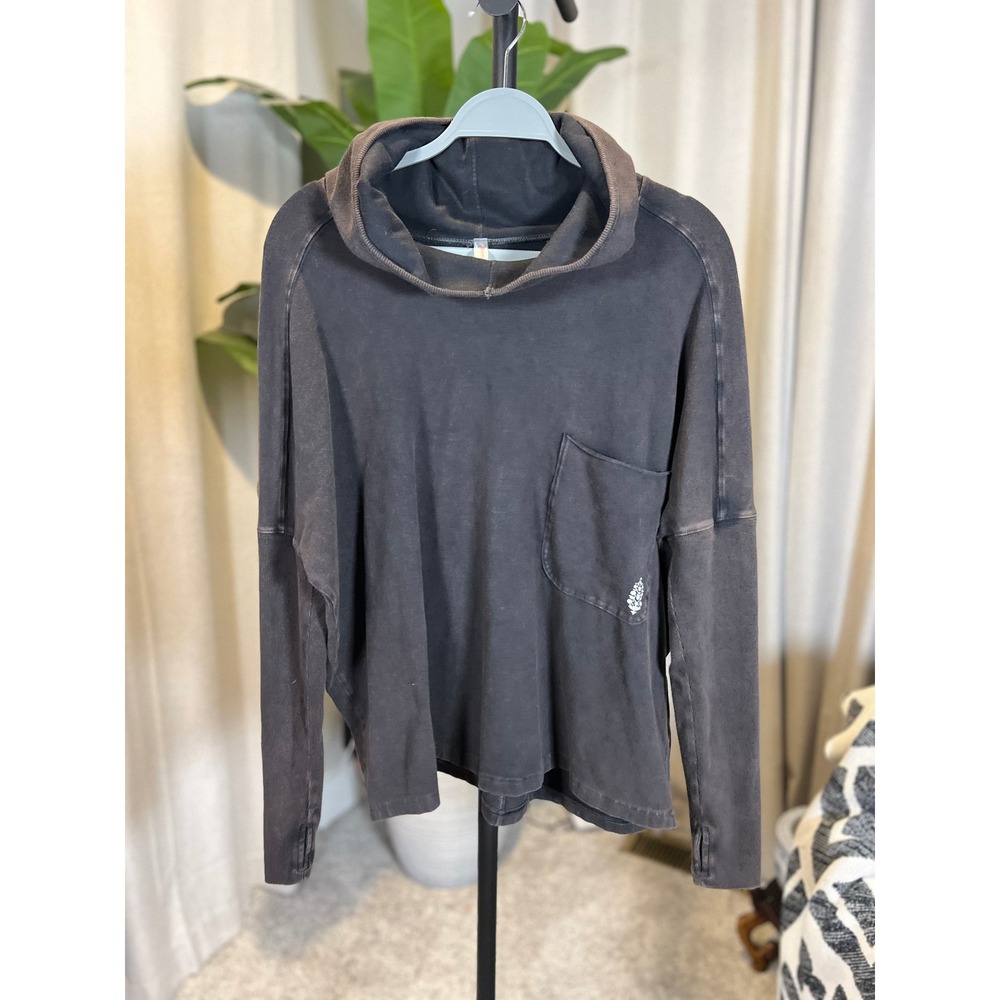 Free People Movement Womens XS Black Acid Wash Cowl Neck Pullover Thumbhole Top